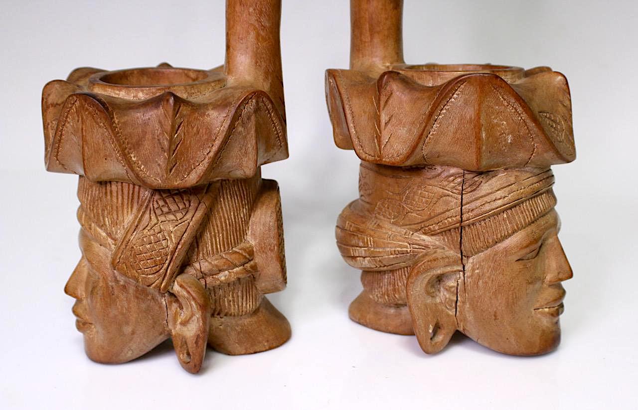 Large Vintage Austronesian Tiki Hand Carved Teak Figural Water Dippers / Ladles / Vases