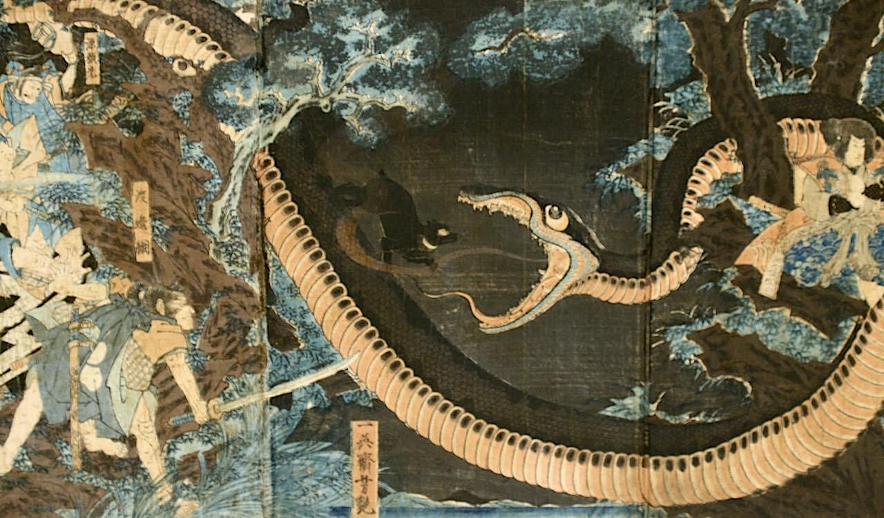 Antique Japanese Woodblock Triptych Ukiyo-E "Yorimitsu Tries to Capture Hakamadare by Destroying His Magic", Edo Period