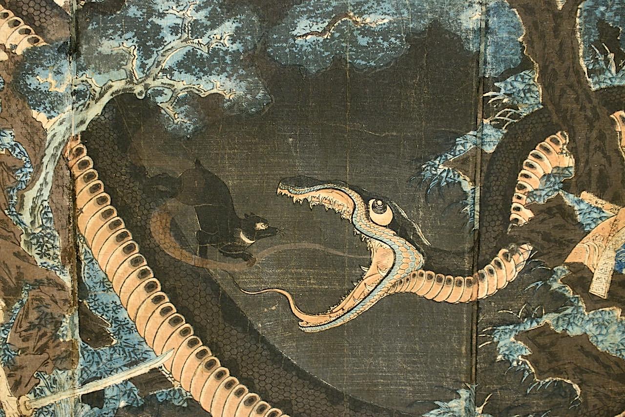 Antique Japanese Woodblock Triptych Ukiyo-E "Yorimitsu Tries to Capture Hakamadare by Destroying His Magic", Edo Period