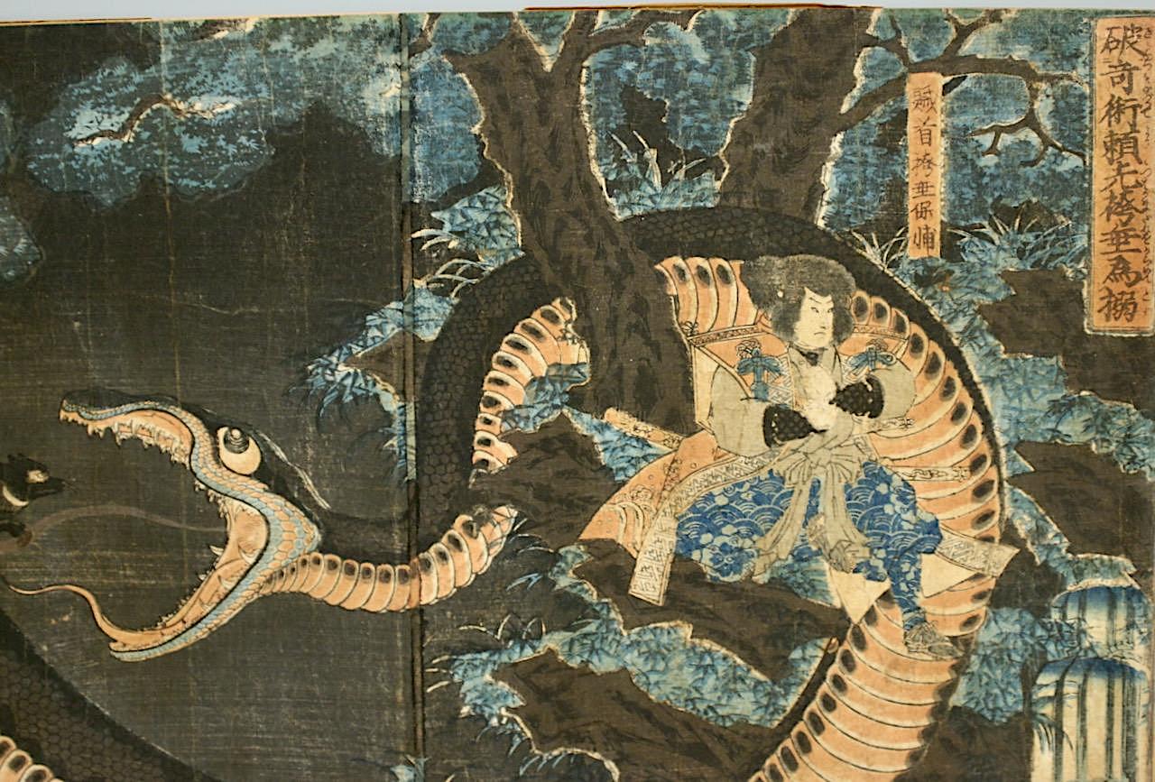 Antique Japanese Woodblock Triptych Ukiyo-E "Yorimitsu Tries to Capture Hakamadare by Destroying His Magic", Edo Period