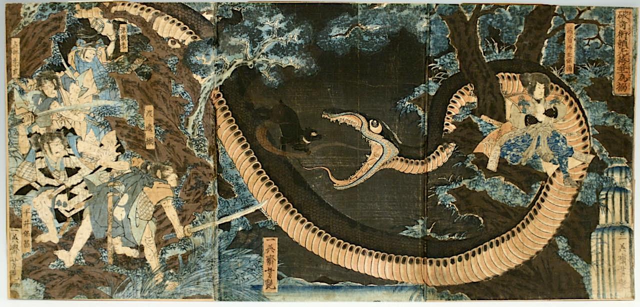 Antique Japanese Woodblock Triptych Ukiyo-E "Yorimitsu Tries to Capture Hakamadare by Destroying His Magic", Edo Period