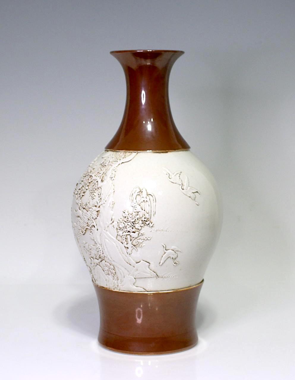 Rare Wang Bing Rong Chinese Vase Cafe-Au-Lait & Cream Glaze With Flying Cranes & Peacocks in Relief, Late Qing