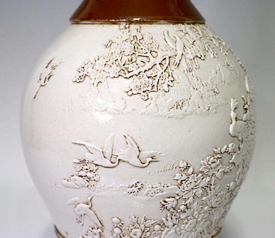 Rare Wang Bing Rong Chinese Vase Cafe-Au-Lait & Cream Glaze With Flying Cranes & Peacocks in Relief, Late Qing