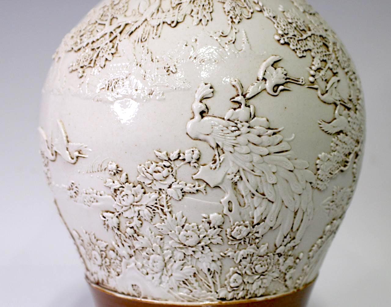 Rare Wang Bing Rong Chinese Vase Cafe-Au-Lait & Cream Glaze With Flying Cranes & Peacocks in Relief, Late Qing