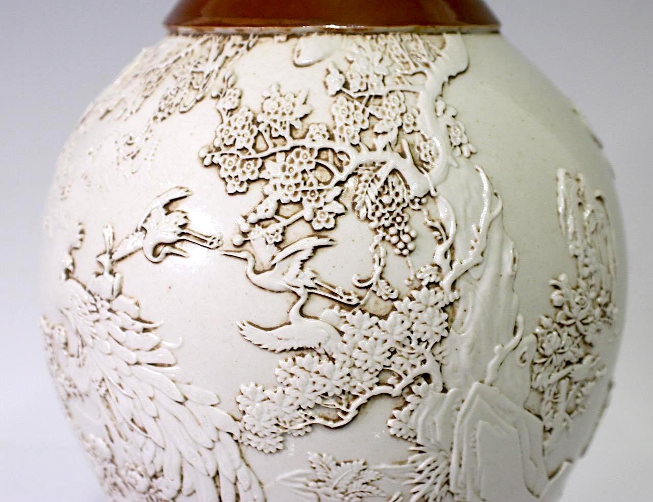 Rare Wang Bing Rong Chinese Vase Cafe-Au-Lait & Cream Glaze With Flying Cranes & Peacocks in Relief, Late Qing