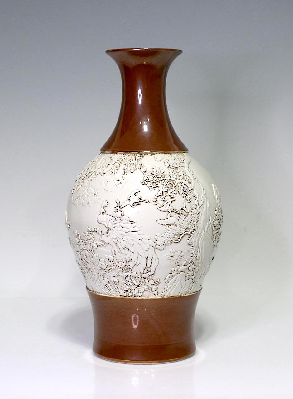 Rare Wang Bing Rong Chinese Vase Cafe-Au-Lait & Cream Glaze With Flying Cranes & Peacocks in Relief, Late Qing