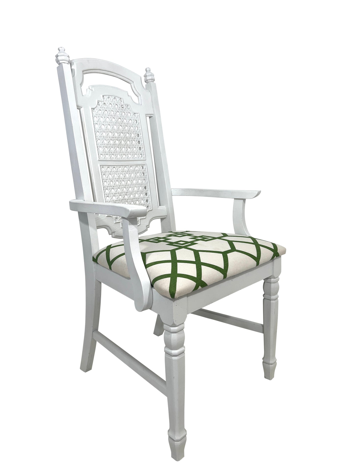 Vintage White & Green Hardwood Armchair / Side Chair With Woven Cane Back