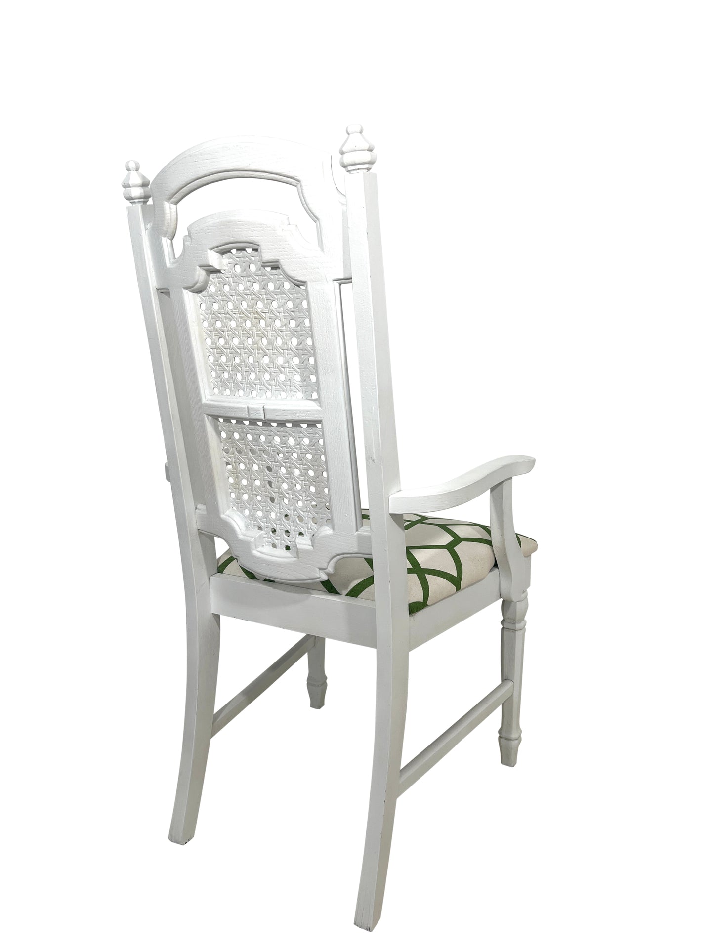 Vintage White & Green Hardwood Armchair / Side Chair With Woven Cane Back