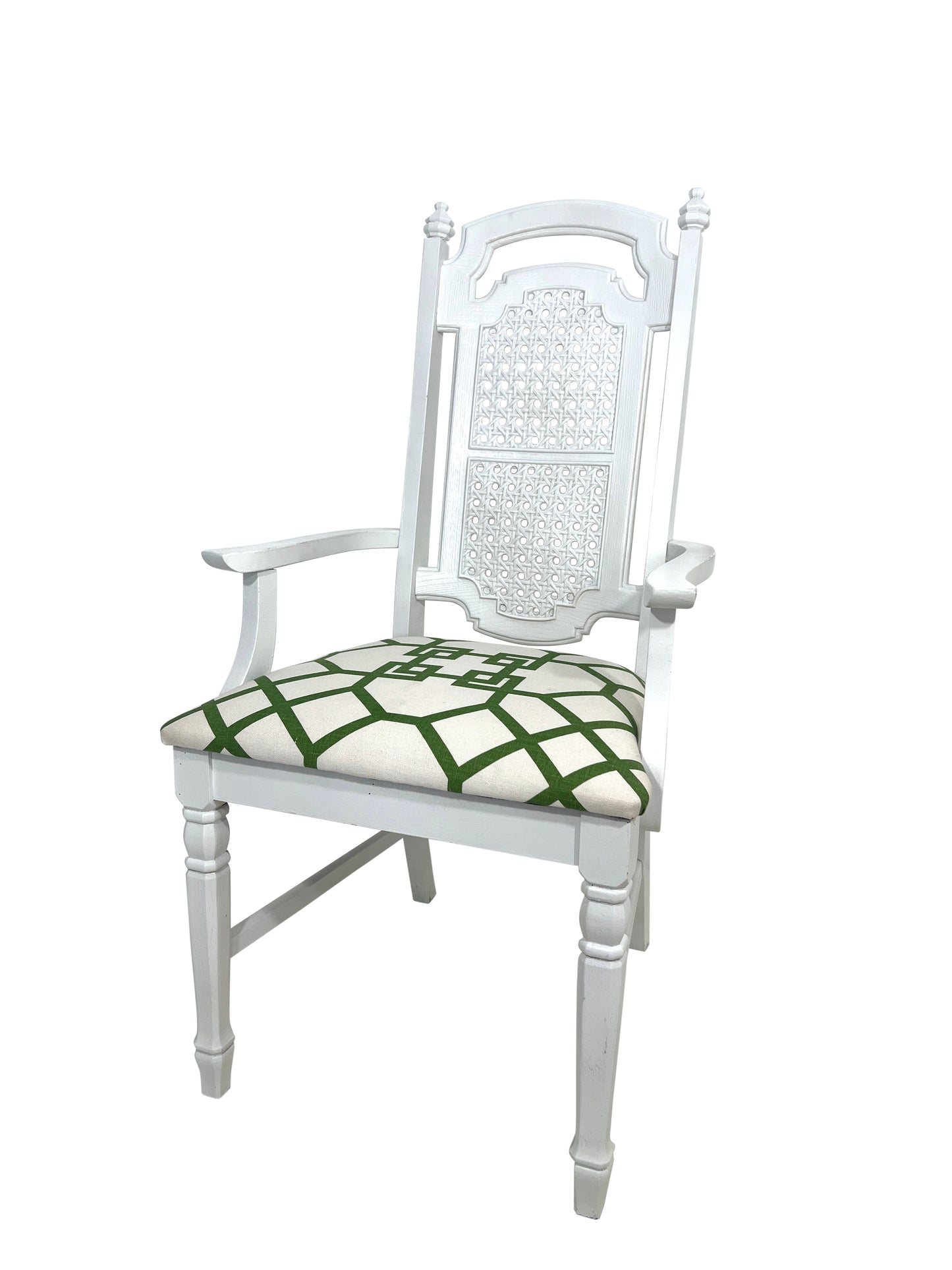 Vintage White & Green Hardwood Armchair / Side Chair With Woven Cane Back