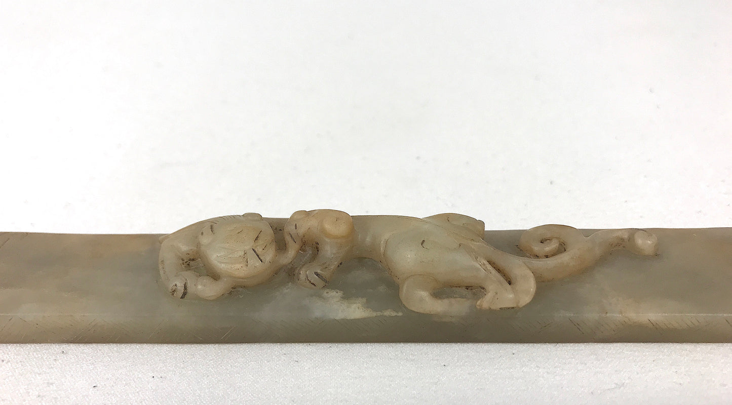 Antique Chinese Jade Mythical Sleeping Dragon (Chilong) Scroll Weight, Qing Dynasty, Inscribed