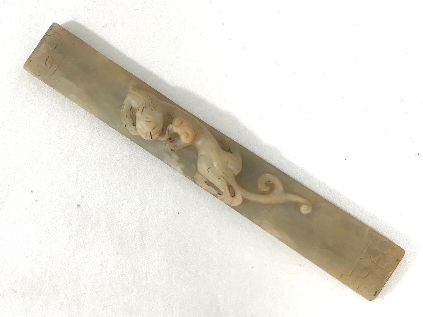 Antique Chinese Jade Mythical Sleeping Dragon (Chilong) Scroll Weight, Qing Dynasty, Inscribed