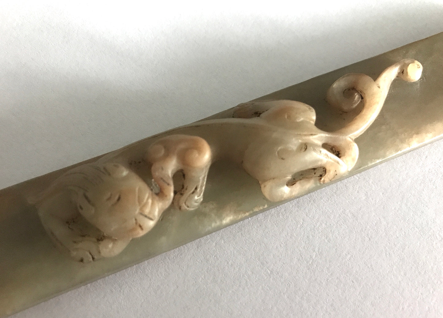 Antique Chinese Jade Mythical Sleeping Dragon (Chilong) Scroll Weight, Qing Dynasty, Inscribed