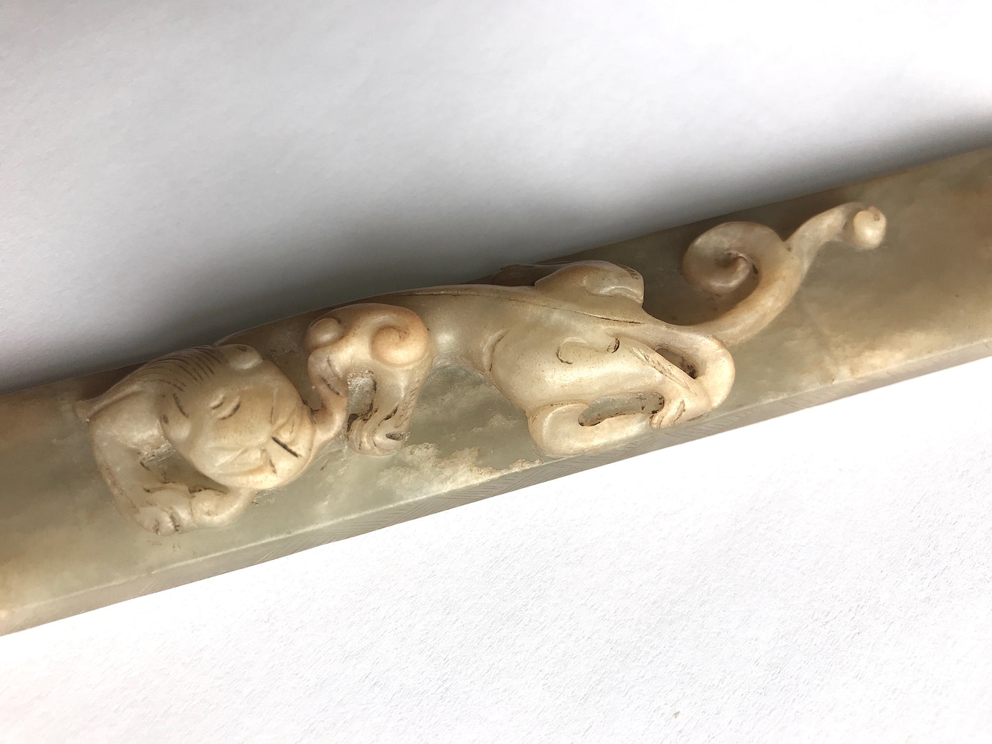 Antique Chinese Jade Mythical Sleeping Dragon (Chilong) Scroll Weight, Qing Dynasty, Inscribed