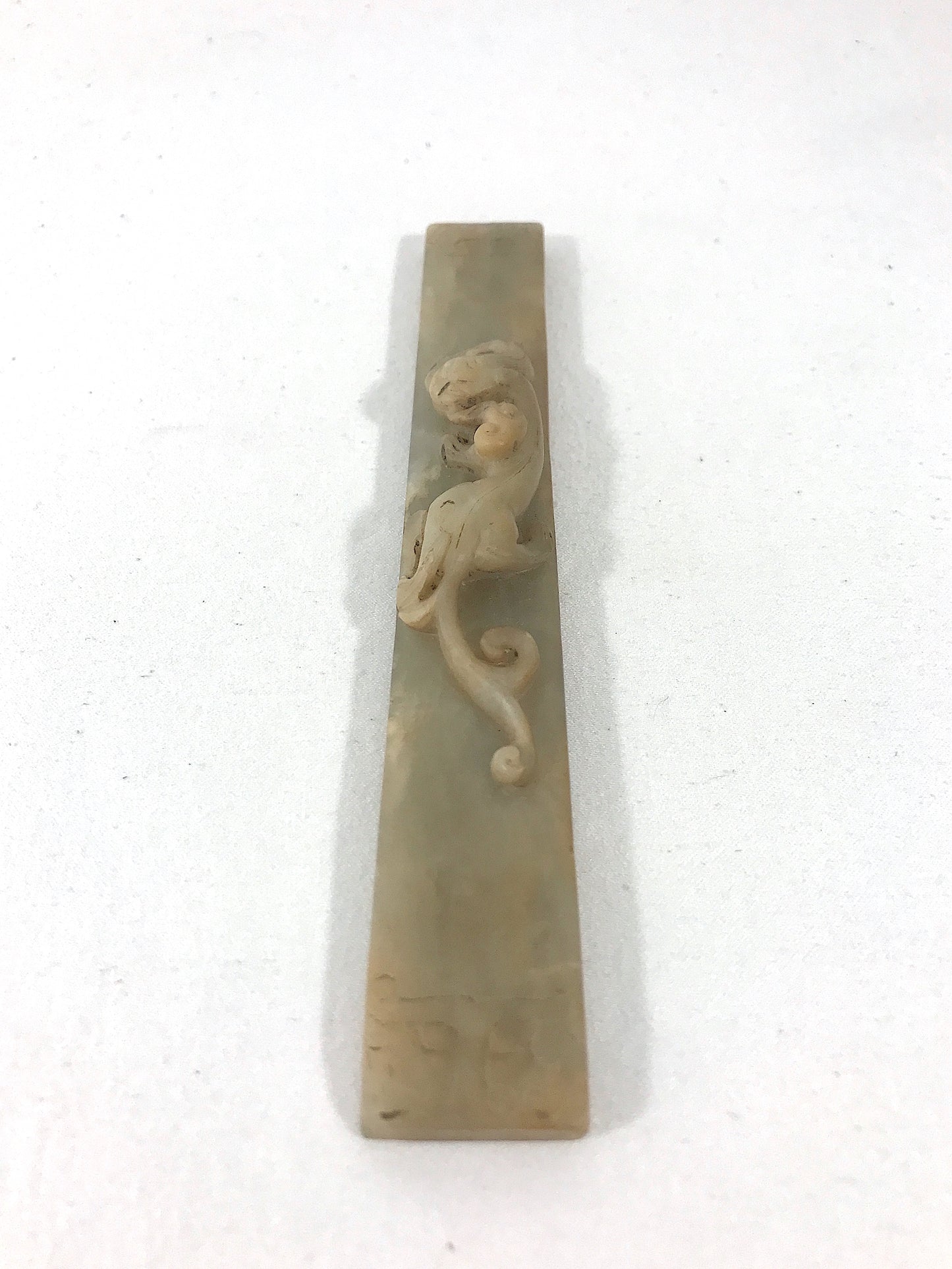 Antique Chinese Jade Mythical Sleeping Dragon (Chilong) Scroll Weight, Qing Dynasty, Inscribed