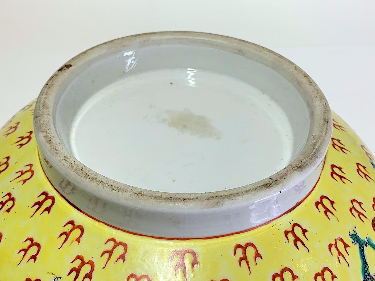 Large Antique Chinese Export Famille Jaune, Yellow Porcelain Bowl With Gilt Work & Green and Blue Flying Dragons