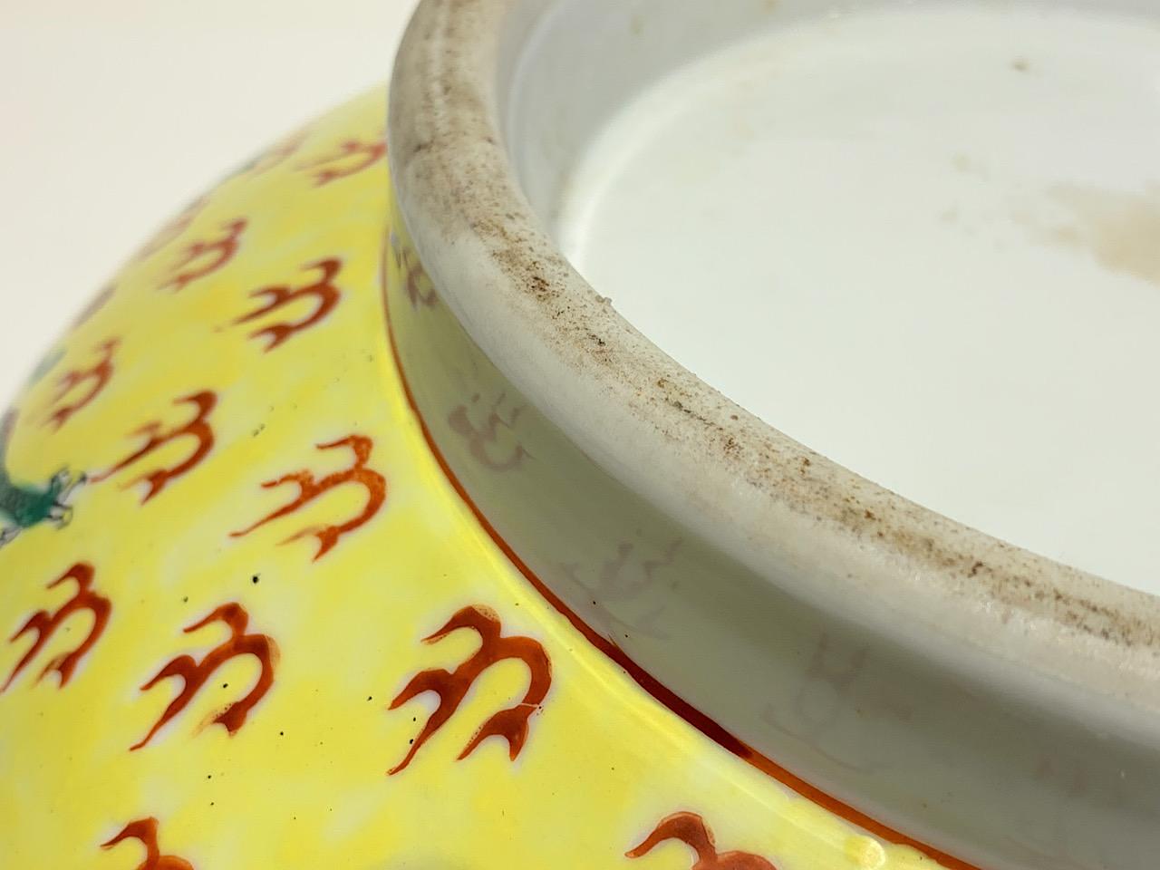 Large Antique Chinese Export Famille Jaune, Yellow Porcelain Bowl With Gilt Work & Green and Blue Flying Dragons