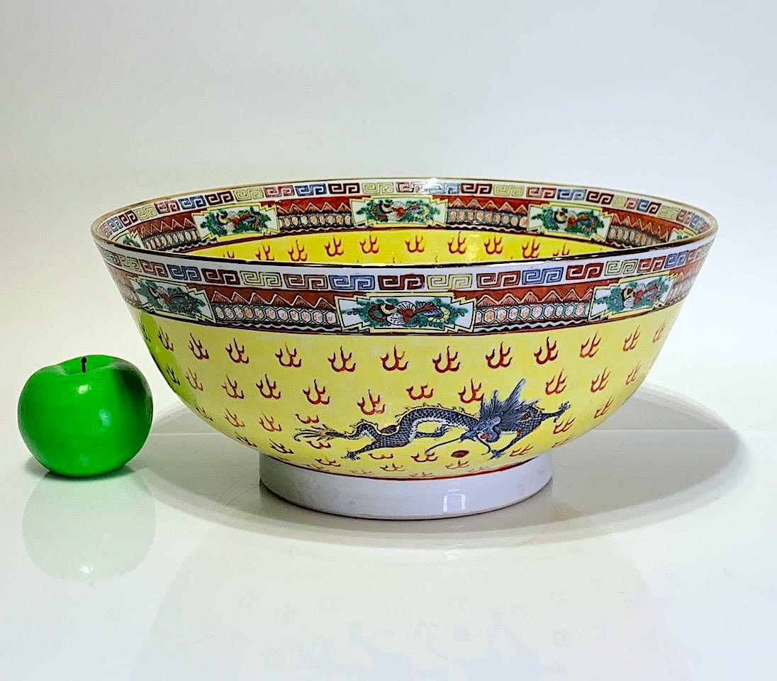 Large Antique Chinese Export Famille Jaune, Yellow Porcelain Bowl With Gilt Work & Green and Blue Flying Dragons