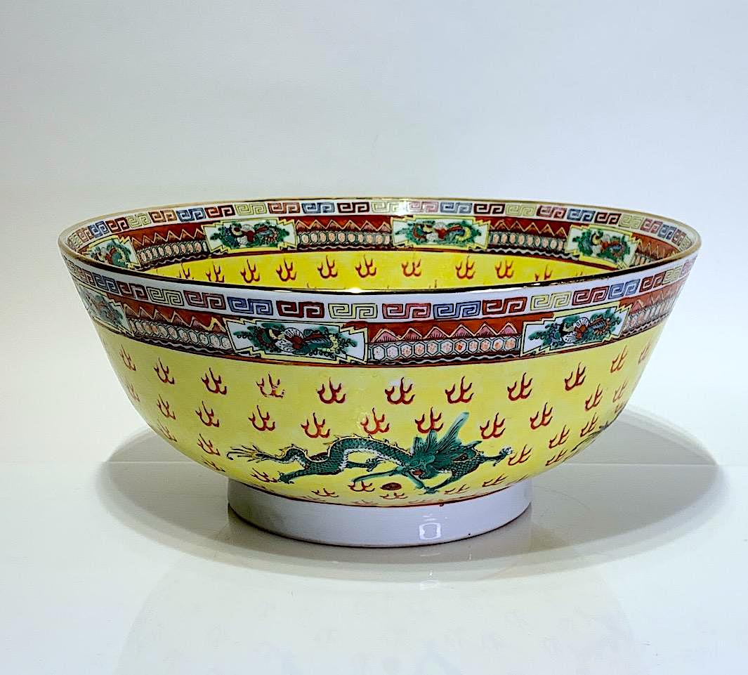 Large Antique Chinese Export Famille Jaune, Yellow Porcelain Bowl With Gilt Work & Green and Blue Flying Dragons