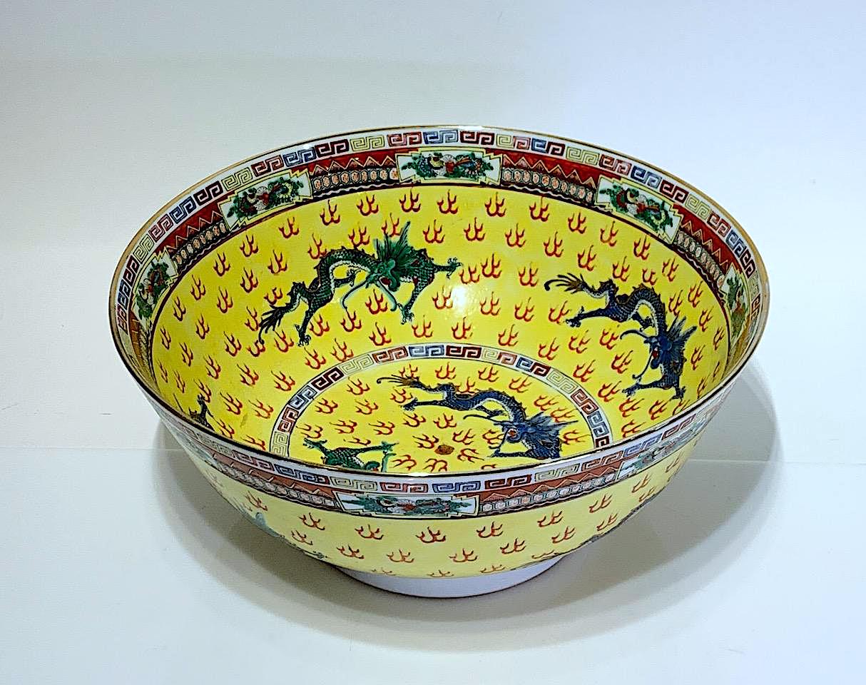 Large Antique Chinese Export Famille Jaune, Yellow Porcelain Bowl With Gilt Work & Green and Blue Flying Dragons