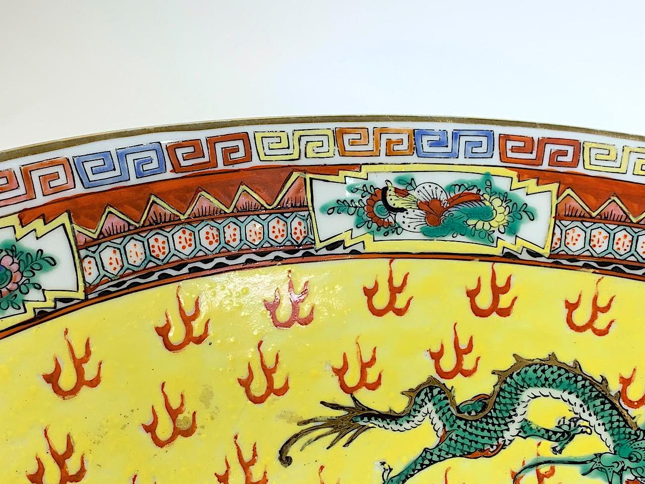 Large Antique Chinese Export Famille Jaune, Yellow Porcelain Bowl With Gilt Work & Green and Blue Flying Dragons