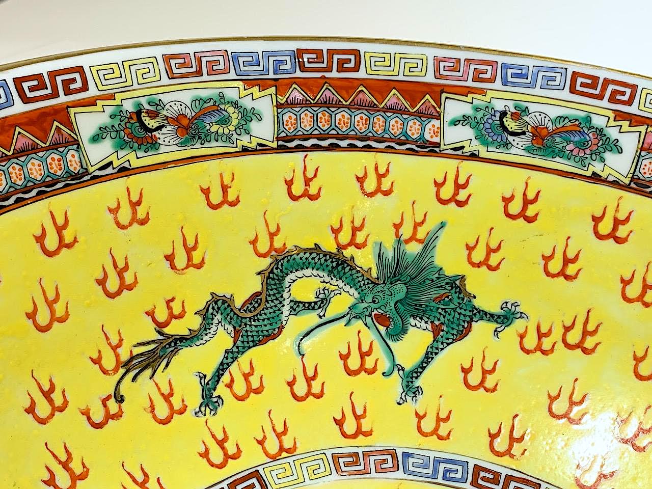 Large Antique Chinese Export Famille Jaune, Yellow Porcelain Bowl With Gilt Work & Green and Blue Flying Dragons