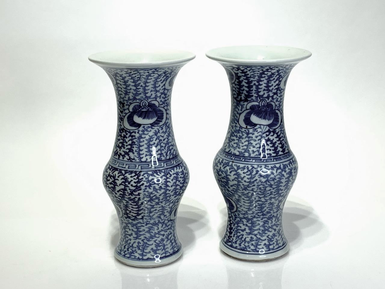 Late 19th. C. Antique Chinese Blue & White Gu Form Flaring (Beaker) Porcelain Vases - a Pair