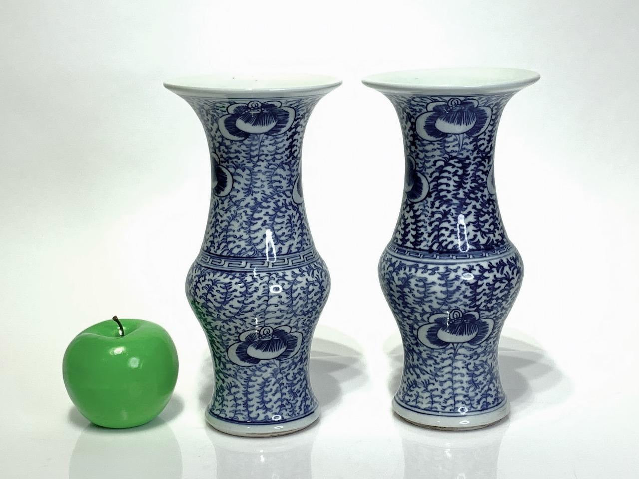 Late 19th. C. Antique Chinese Blue & White Gu Form Flaring (Beaker) Porcelain Vases - a Pair