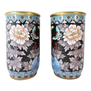 Antique Chinese Cloisonné Opposing Flower & Butterfly Cylindrical Brush Pots / Vases - a Pair