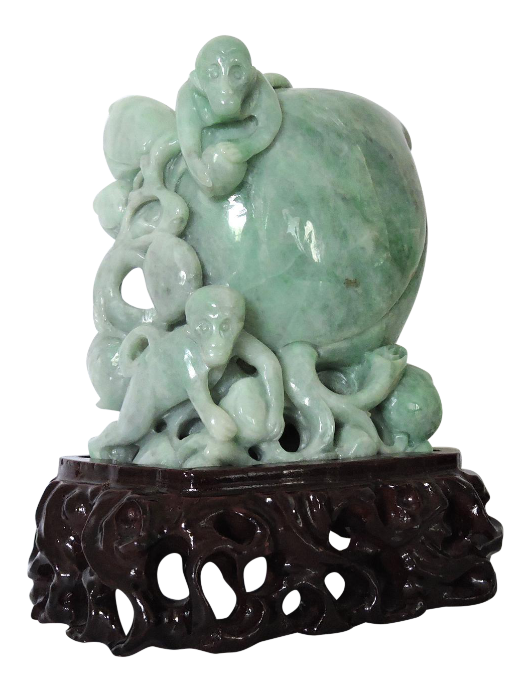 Chinese Natural Green Jade Carving of Auspicious Peach With Playful Monkeys on Custom Stand