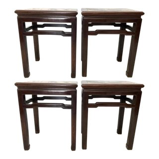 Antique Solid Rosewood 'Mahjong' Stools / End Tables With Dali Lake Marble Tops - Set of 4