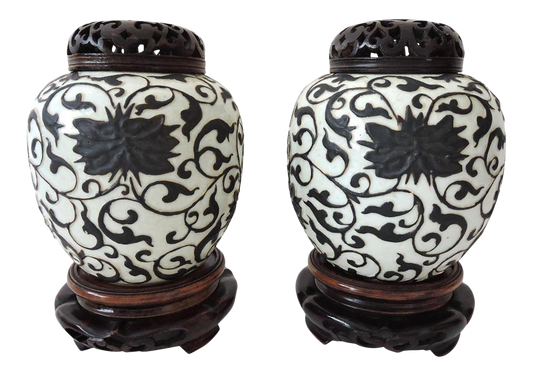 Rare Antique Brown and White Chinese Peony Ginger Jars With Reticulated Wood Stands and Tops - a Pair