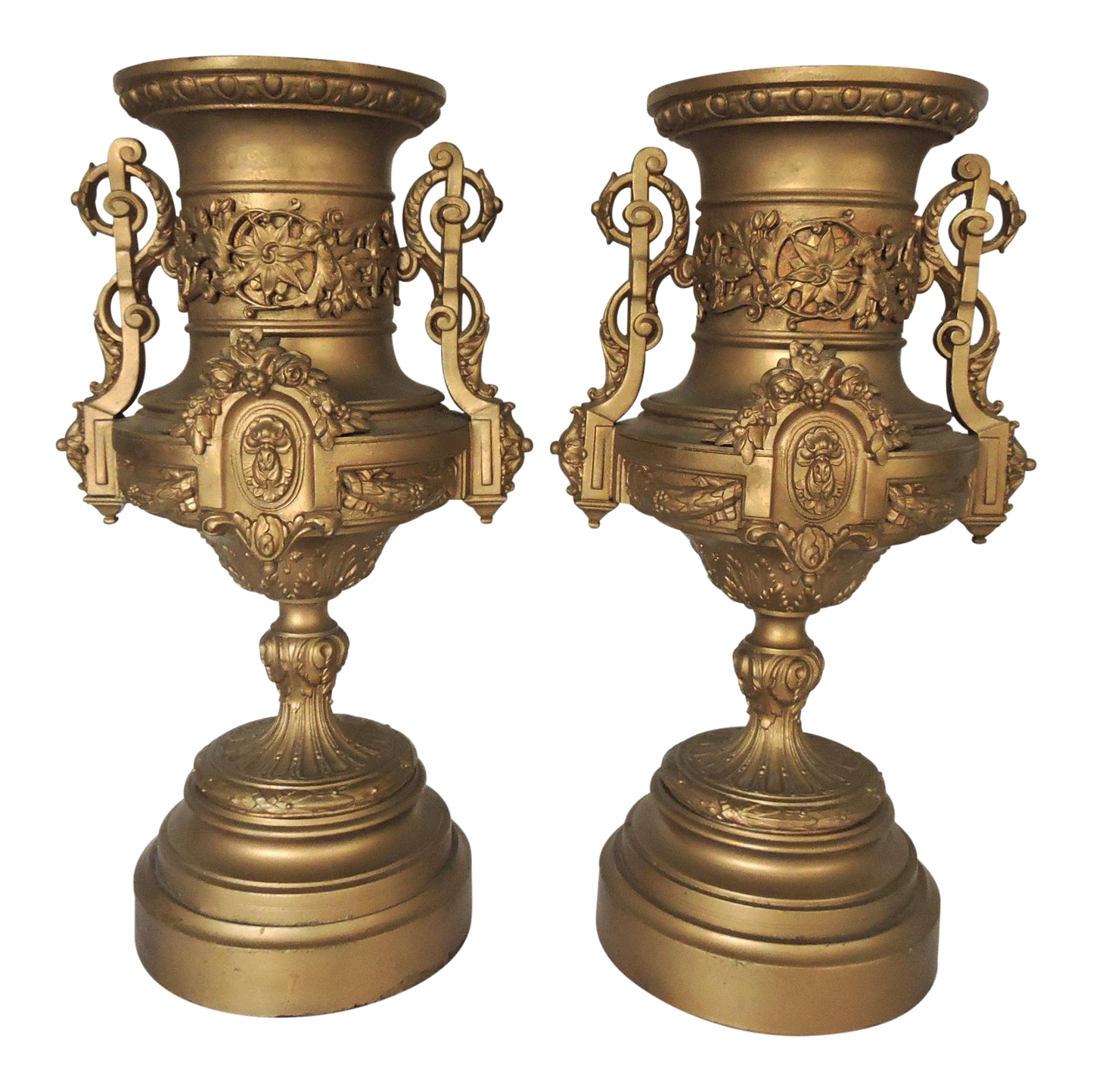 20th. Century Italian Neoclassical Spelter Ornamental Old Gold Urns or Planters - a Pair