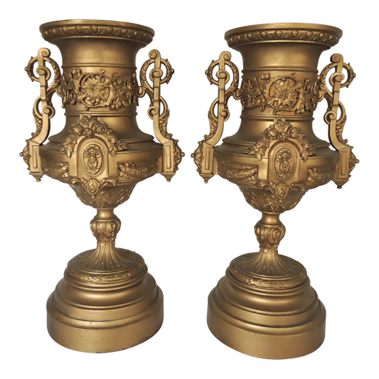 20th. Century Italian Neoclassical Spelter Ornamental Old Gold Urns or Planters - a Pair