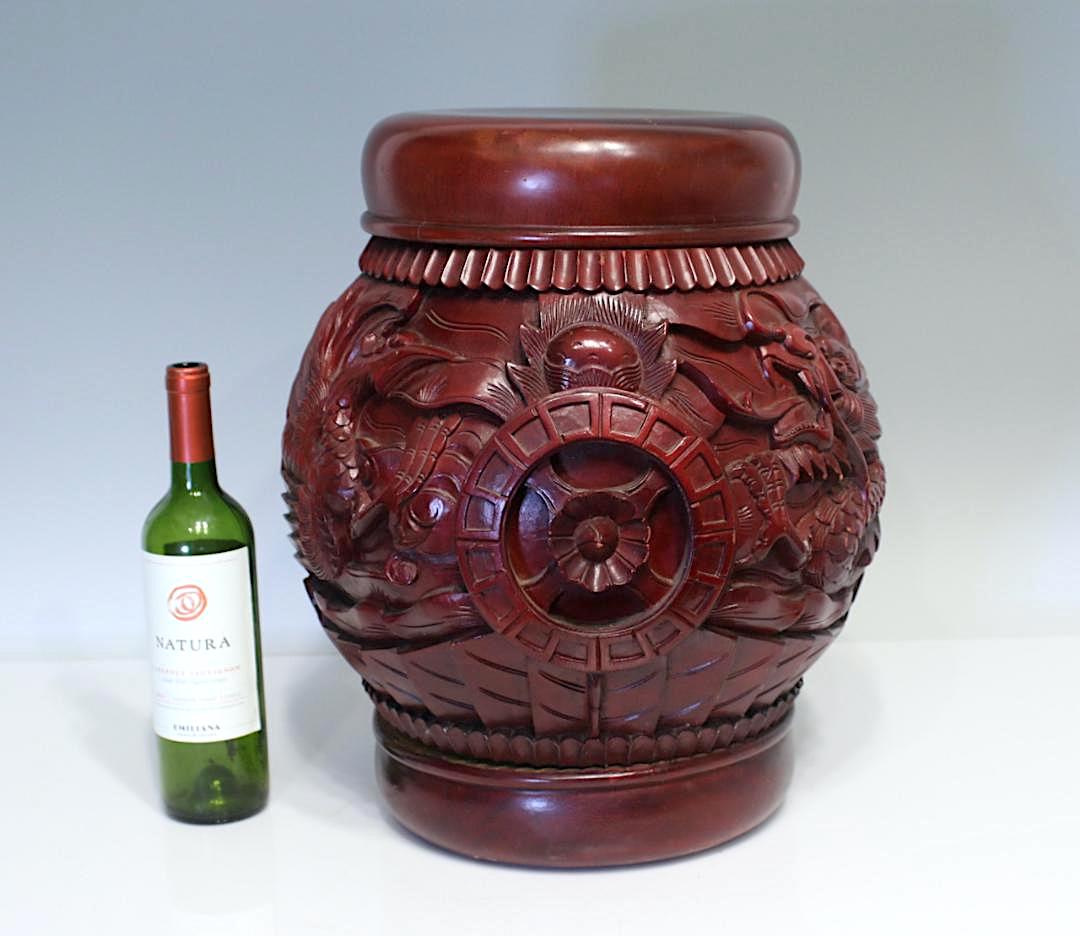 Chinese Red Lacquer Wood Rice Storage Barrels Containers / Dragon Stools With Phoenix, 5 Available