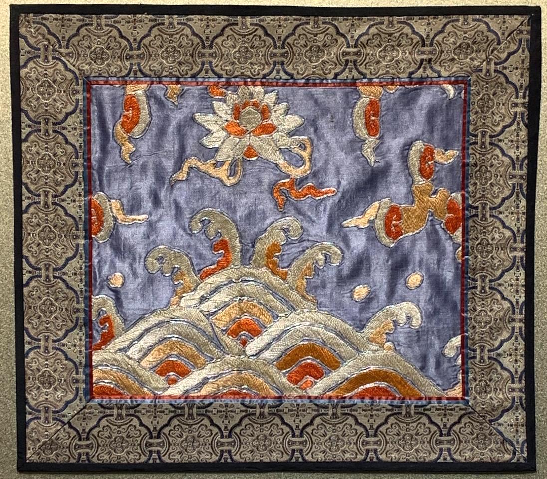 19th Century Framed Qing Dynasty Chinese Embroidery Blue Silk on Silk Panel With Silver Outlining