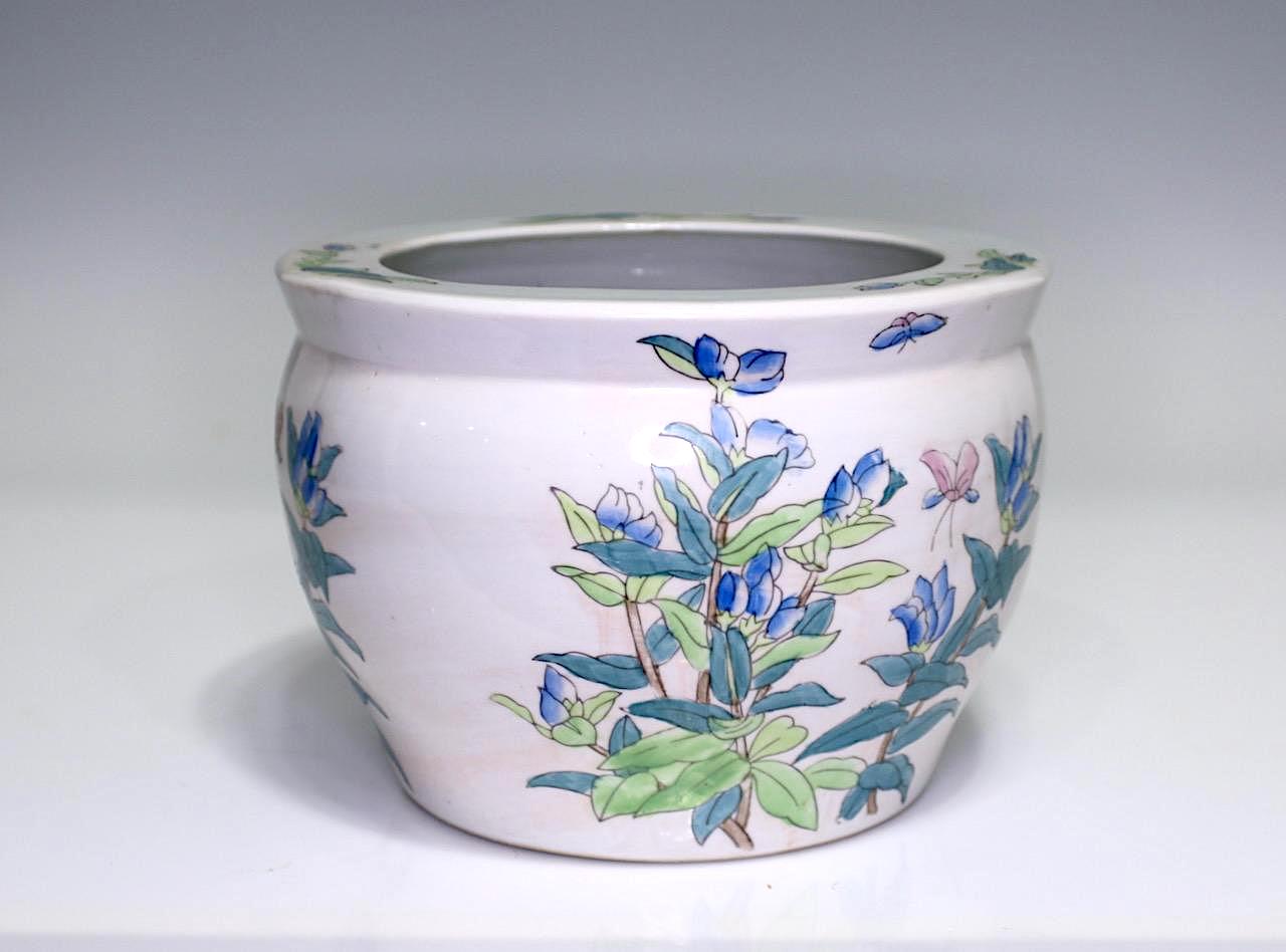 Vintage Chinese White Porcelain Fishbowl Planter With Flowers and Butterflies 9.5"