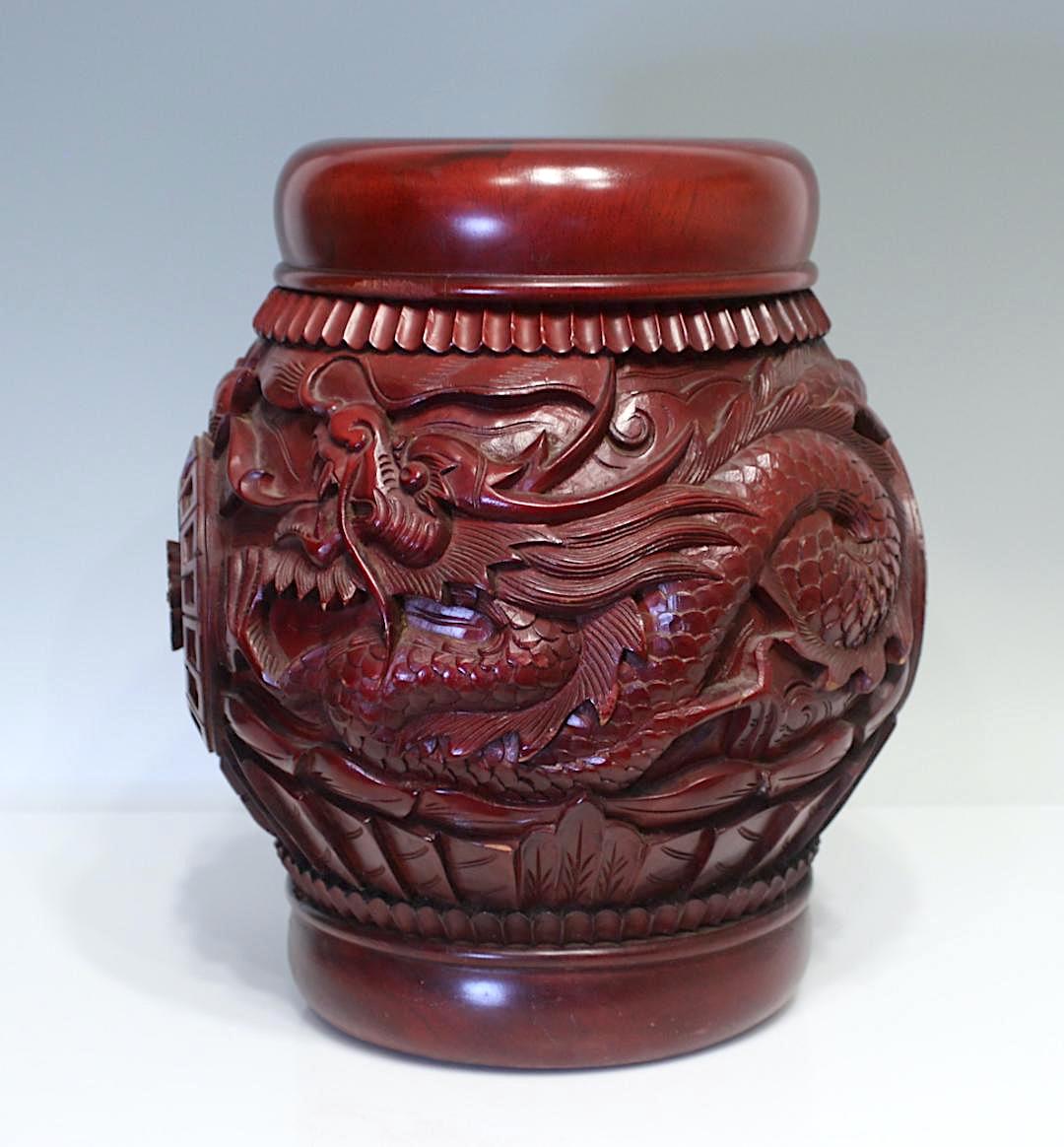 Chinese Red Lacquer Wood Rice Storage Barrels Containers / Dragon Stools With Phoenix, 5 Available