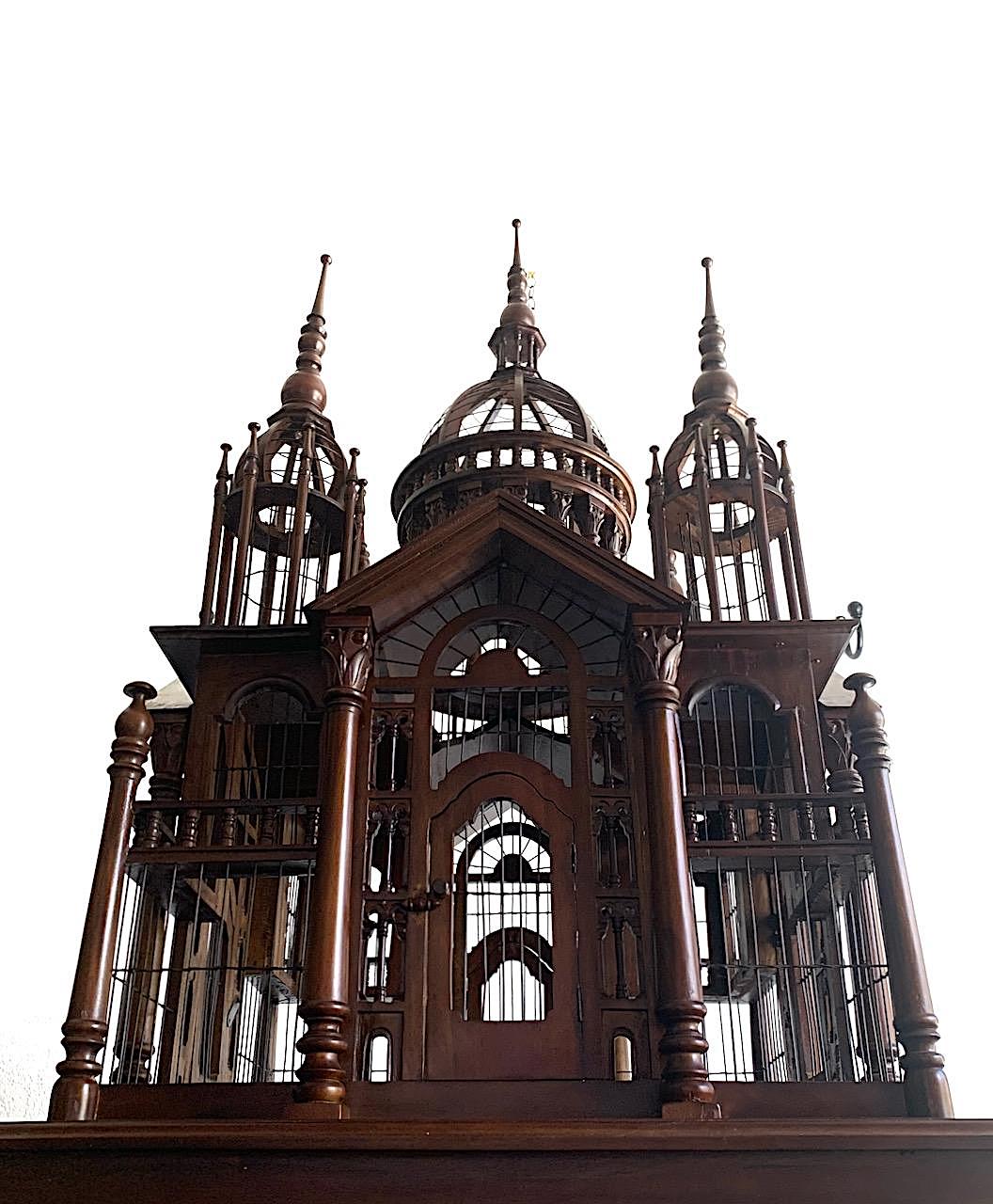 Monumental Vintage Architectural Mahogany Birdcage on Table Stand