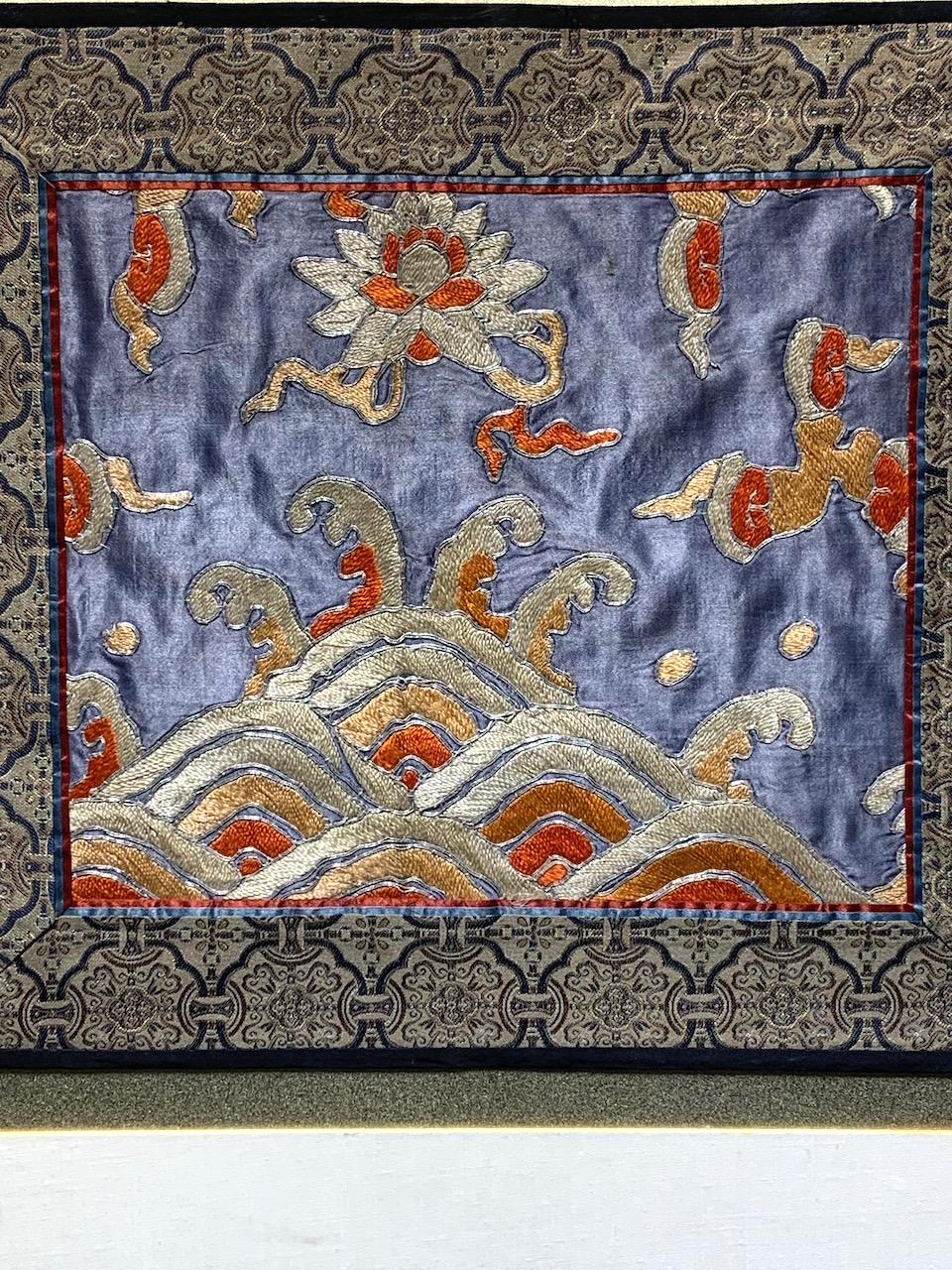 19th Century Framed Qing Dynasty Chinese Embroidery Blue Silk on Silk Panel With Silver Outlining