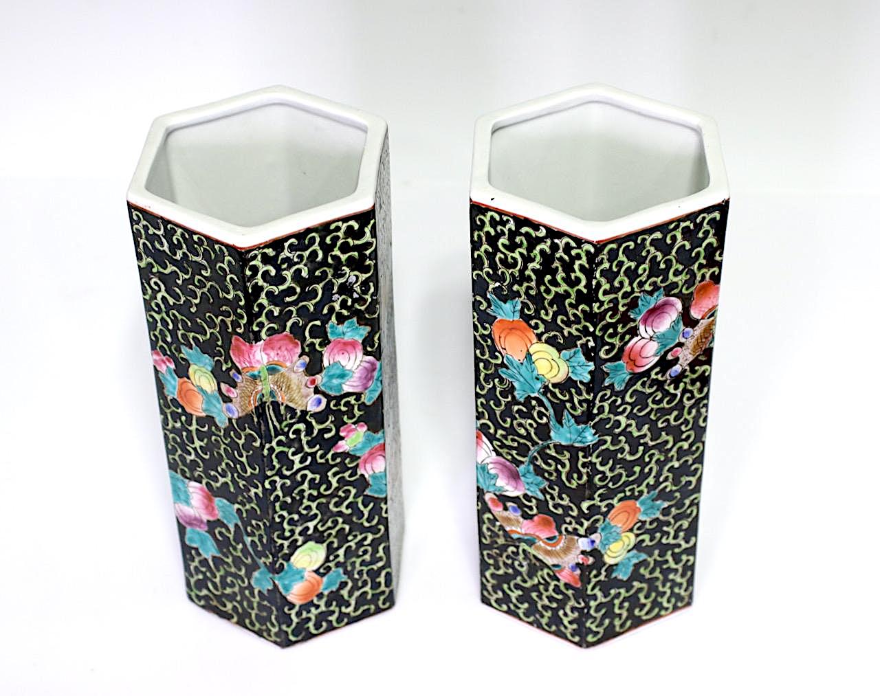 Vintage Chinese Porcelain Hexagonal Famille Noire Black Vases / Hat Stands, Macau, China, a Pair