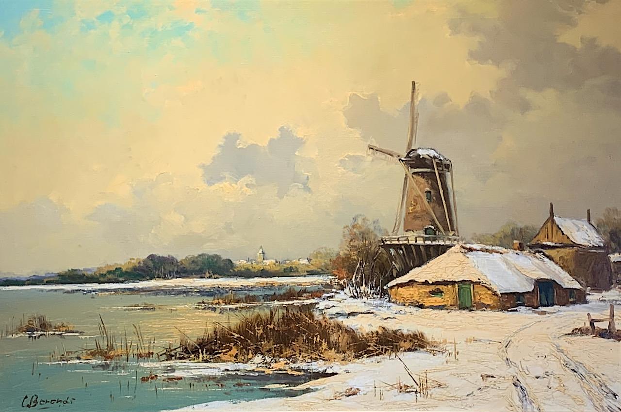 The Dutch Windmill, a Fine Winter Landscape Oil Painting by L. Berends, Framed