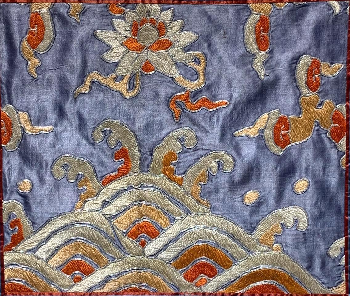 19th Century Framed Qing Dynasty Chinese Embroidery Blue Silk on Silk Panel With Silver Outlining