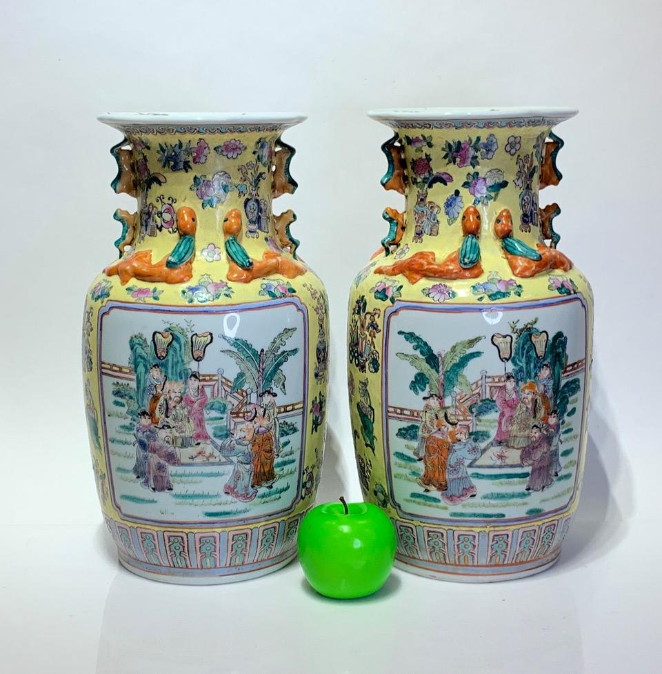 Vintage Chinese Porcelain Famille Jaune Vases With Foo Dogs & Chimera, a Pair