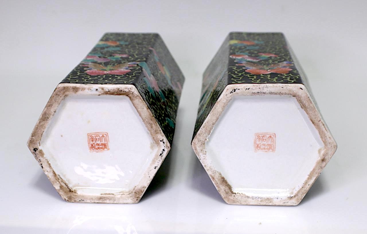 Vintage Chinese Porcelain Hexagonal Famille Noire Black Vases / Hat Stands, Macau, China, a Pair