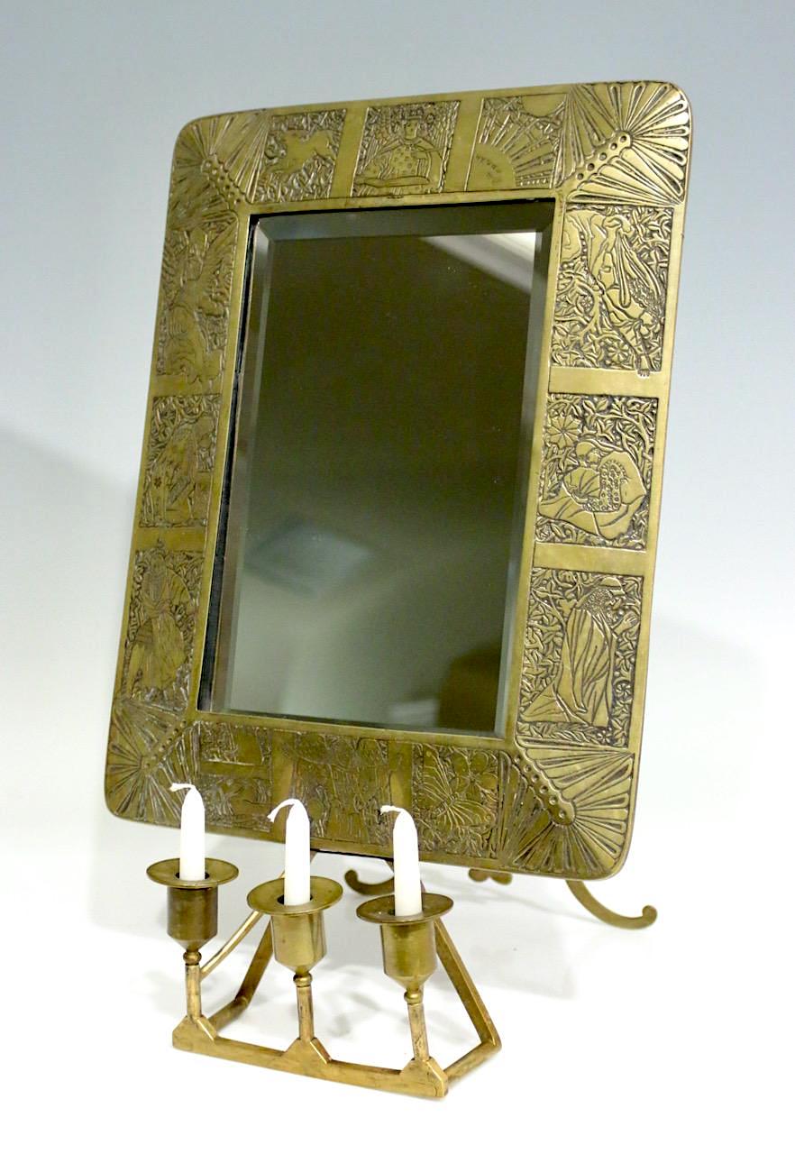 Antique Bronze Frame Dresser Mirror With Candle Holders in the Manner of Tiffany