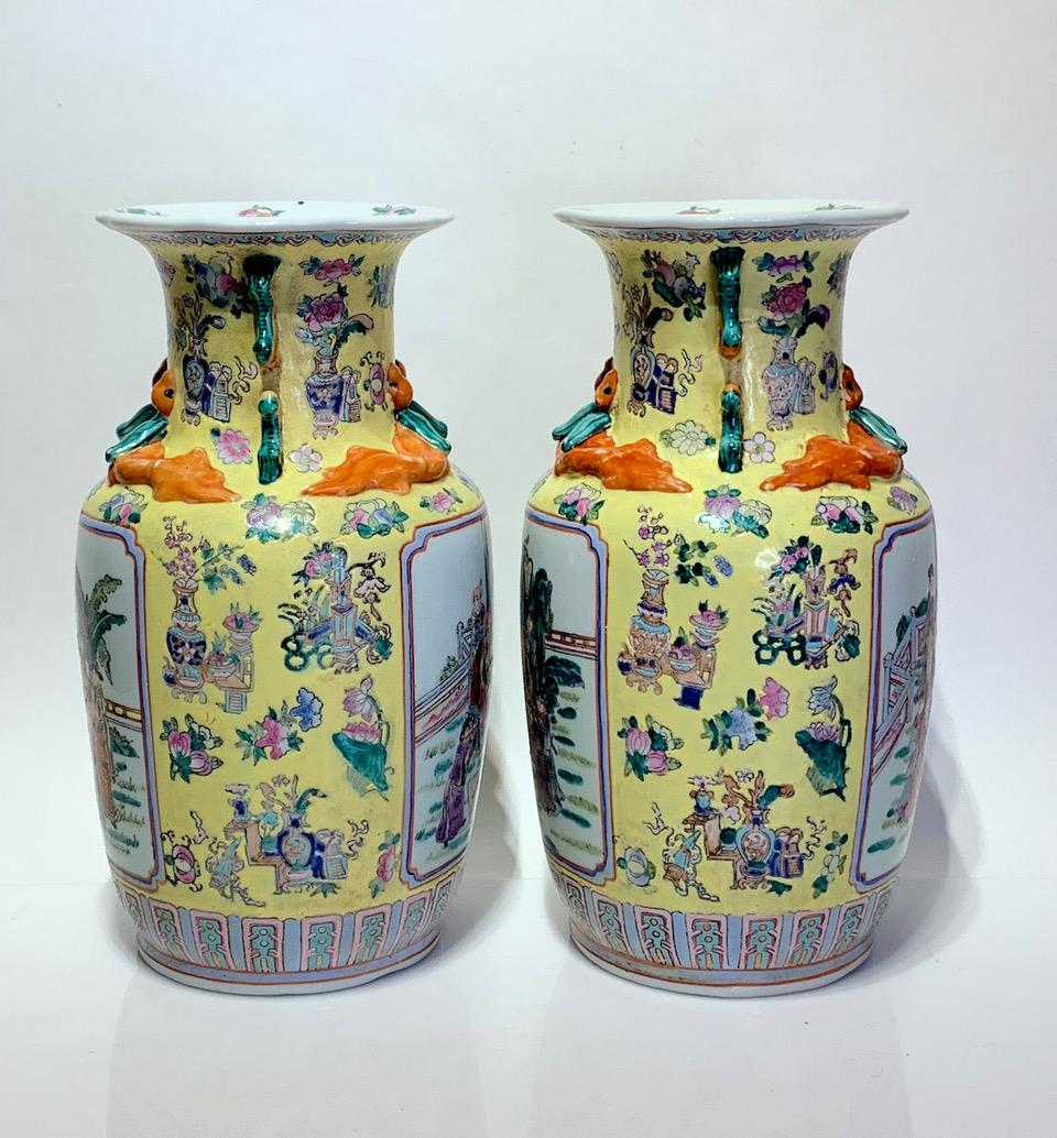 Vintage Chinese Porcelain Famille Jaune Vases With Foo Dogs & Chimera, a Pair