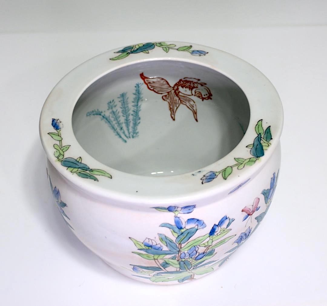 Vintage Chinese White Porcelain Fishbowl Planter With Flowers and Butterflies 9.5"