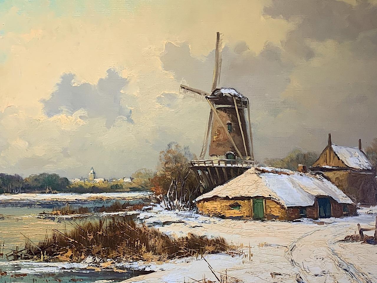 The Dutch Windmill, a Fine Winter Landscape Oil Painting by L. Berends, Framed