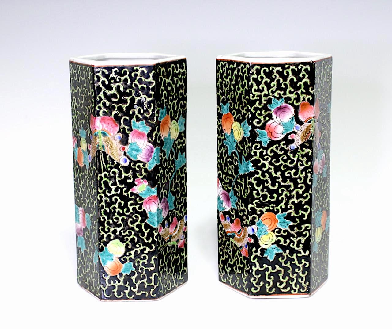 Vintage Chinese Porcelain Hexagonal Famille Noire Black Vases / Hat Stands, Macau, China, a Pair