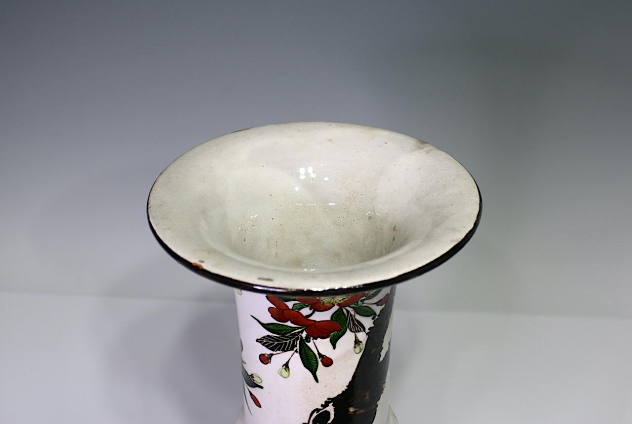 Large Antique White Japanese Glazed Pottery Gu Form Vase With Flowers